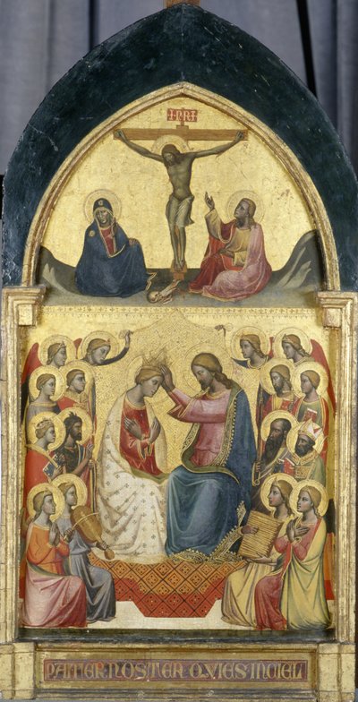 Krönung der Jungfrau mit Engeln, Heiligen und der Kreuzigung von Niccolo di Pietro workshop of Gerini